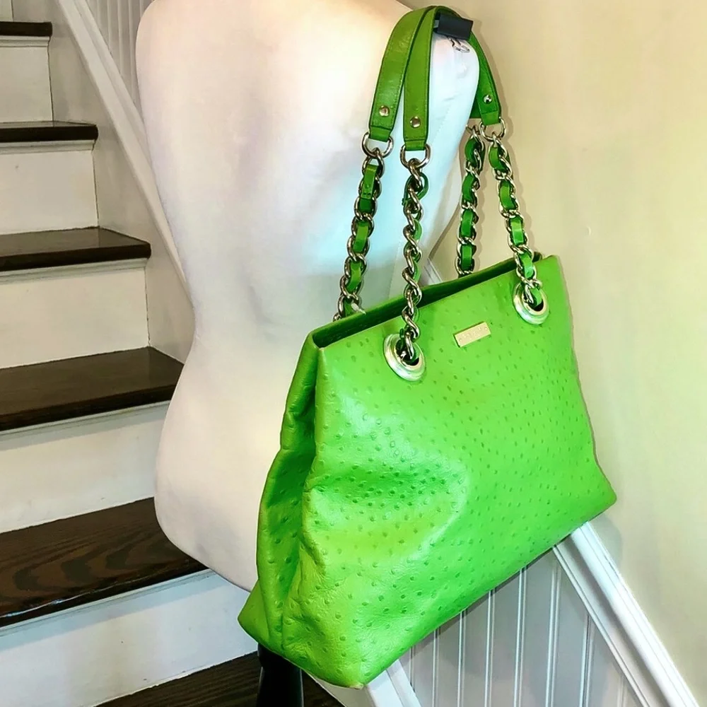 KATE SPADE Lime Green Embossed Ostrich Leather Oversized Tote w Silver Hardware